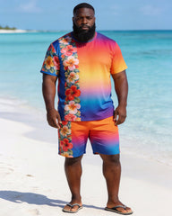 Big & Tall Men's Rainbow Floral Print Round Neck Short Sleeve T-Shirt Shorts Set