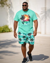 Big & Tall Men's MIAMI City Coconut Print Round Neck Short Sleeve T-Shirt Shorts Set