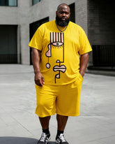 Big & Tall Men's Picasso Style Abstract Face Print Round Neck Short Sleeve T-Shirt Shorts Set