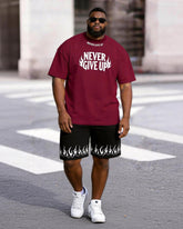 Big & Tall Men's Flame Letter NEVER GIVE UP Printed Round Neck Short Sleeve T-Shirt Shorts Set