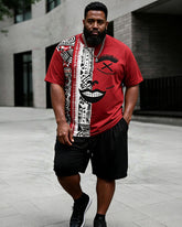 Big & Tall Men’s Patchwork Abstract Face Ethnic-Style Printed Crewneck Short-Sleeve T-Shirt And Shorts Set
