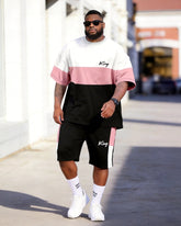 Big & Tall Men's Pink White Black Color Matching King Letter Printed Round Neck Short Sleeve T-shirt Shorts Set
