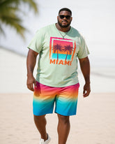 Big & Tall Men's MIAMI Double Coconut Tree Gradient Print Round Neck Short Sleeve T-Shirt Shorts Set