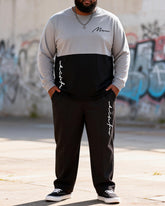 Big & Tall Men's Gray-black Contrast Handwritten Line Printed Long Sleeve T-shirt Trousers Set