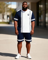 Big & Tall Men's Tibetan White Contrast Wolf Head Printed Crew Neck Short Sleeve T-shirt Shorts Set