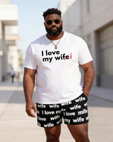 Big & Tall Men's "I Love My Wife" Letter Printed Crew Neck Short Sleeve T-shirt Shorts Set