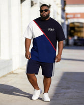Big & Tall Men's Navy Red And White Color Matching Letter Printed Round Neck Short Sleeve T-shirt Shorts Set