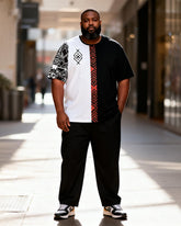 Big & Tall Men's Black And White Red Geometric Stitching Printed T-shirt Trousers Set