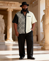 Big & Tall Men's Black And White Carved Contrast Printed Short Sleeve Shirt Pants Set