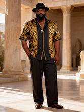 Big & Tall Men's Black And Gold Baroque Print Short Sleeve Shirt Pants Set