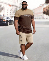 Big & Tall Men's Khaki Brown Color Block King Printed Round Neck Short Sleeve T-shirt Shorts Set