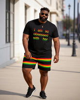 Big & Tall Men's "I Am So Obsessed With Her" Reggae Striped Printed Crew Neck Short Sleeve T-shirt Shorts Set
