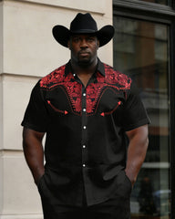 Big & Tall Men's Western Denim Positioning Printed Short-sleeved Shirt Pants Set