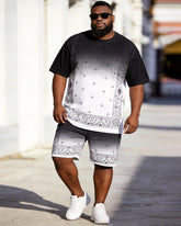Big & Tall Men's Black And White Gradient Cashew Flower Printed Round Neck Short Sleeve T-shirt Shorts Set