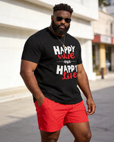 Big & Tall Men's "Happy Wife Happy Life" Printed Round Neck Short Sleeve T-Shirt Shorts Set