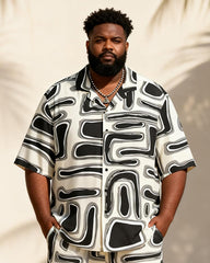 Big & Tall Men's Black And White Flowing Geometric Print Short Sleeve Shirt Shorts Set