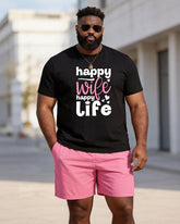 Big & Tall Men's "happy Wife Happy Life" Pink Printed Round Neck Short Sleeve T-shirt Shorts Set