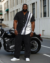 Big & Tall Men's Black & White Irregular Contrast Comfortable Short Sleeve Shirt Pants Set