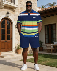 Business Casual Contrast Striped Polo Shirt Set Large Size Men