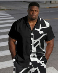 Men's Plus Size Printed Contrast Black Short Sleeve Shirt Shorts Set