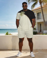Large Size Men's Irregular Contrast Color Stitching Hawaiian Holiday Short Sleeve T-Shirt Shorts Set