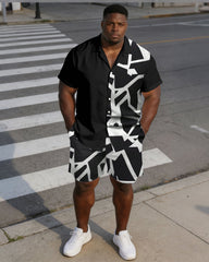 Men's Plus Size Printed Contrast Black Short Sleeve Shirt Shorts Set