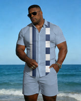 Big & Tall Men's Spring And Summer New Leisure Vacation Blue Plaid Geometric Stitching Short Sleeve Shirt Shorts Set