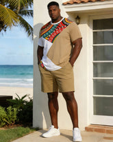 Men's Large Size Ethnic Style Stitching Contrast Color Short-Sleeved T-Shirt Shorts Set