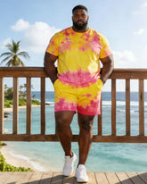 Hawaii Plus Size Men's Yellow & Pink Tie-Dye Short Sleeve T-Shirt Shorts Set