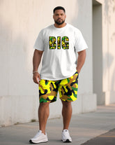 Large Size Men's Camouflage "BIG" Slogan Print Short Sleeve T-shirt Shorts Set