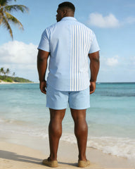 Men's Plus Size Blue Striped Short Sleeve Shirt Shorts Set