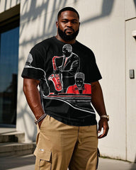 Big & Tall Men's Band Abstract Print Black Loose Short Sleeve T-Shirt