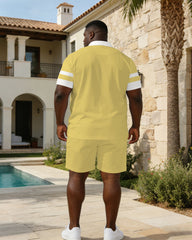Business Casual Light Yellow & White Polo Shirt Short Sleeve Suit Large Size Men