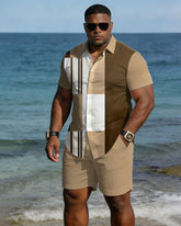 Big & Tall Men's Spring And Summer New Leisure Vacation Apricot Square Stitching Contrast Short Sleeve Shirt Shorts Set