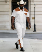 Big & Tall Men's Western Classic Khaki & White Short Sleeve Shirt Pants Set