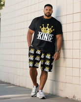 Large Size Men's "KING" King Crown Pattern Printed Short Sleeve T-shirt Shorts Set