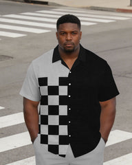 Men's Plus Size Checker & Black Contrast Short Sleeve Shirt Shorts Set