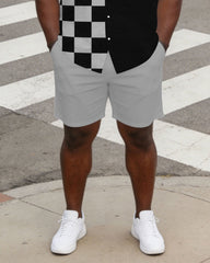 Men's Plus Size Checker & Black Contrast Short Sleeve Shirt Shorts Set