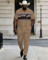 Big & Tall Men's Western Classic Horse Racing Group Pattern Printed Short Sleeve Shirt And Pants Set