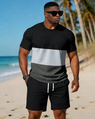 Big & Tall Men's Simple Black & Grey Contrast Stitching Short Sleeve T-Shirt Shorts Set