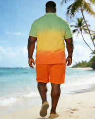 Large Size Men's 3 Color Gradient Short Sleeve POLO Shirt Shorts Set