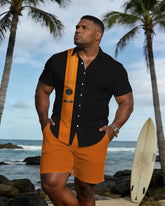 Big & Tall Men's Spring And Summer New Leisure Vacation Simple Music Guitar Contrast Color Stitching Short Sleeve Shirt Shorts Set