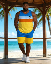 Hawaii Vacation Contrast Stitching Vest Shorts Set Large Size Men