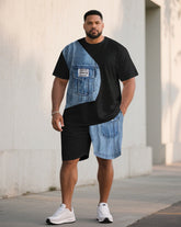 Men's Plus Size Denim Patchwork Letter Printed Short-Sleeved T-Shirt Shorts Set