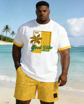 Big & Tall Men's Yellow Jacquard Chest Positioning Printed Short Sleeve T-shirt Shorts Set