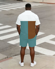 Large Size Men's Tricolor Contrast Short Sleeve Shirt And Shorts Set