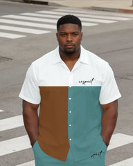 Large Size Men's Tricolor Contrast Short Sleeve Shirt And Shorts Set