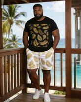 Holiday Simple Hawaiian Coconut Gold Print Short-sleeved T-shirt Shorts Set Large Size Men