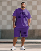Men's Large Size Slogan "King Victory" Simple Printed Short Sleeve T-Shirt Shorts Set