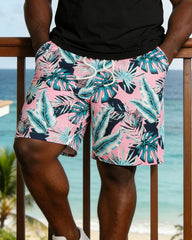 Men's Plus Size Plant Print Black Vest Shorts Set
